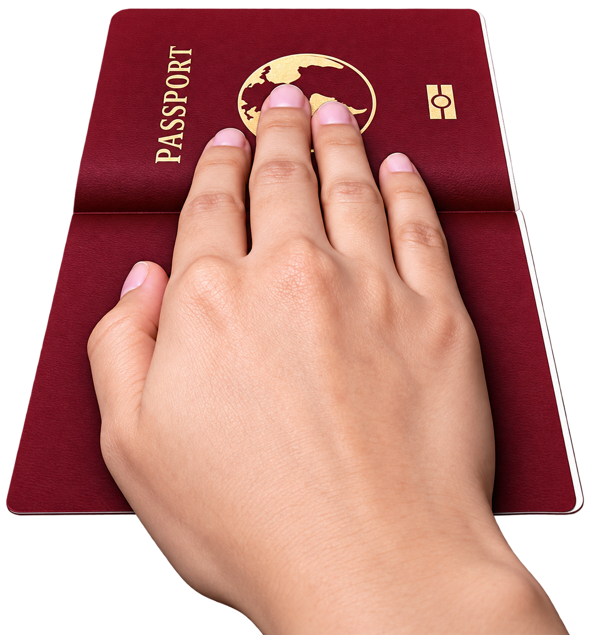 มือวางหนังสือเดินทางที่เปิดอยู่บนเครื่องอ่าน
